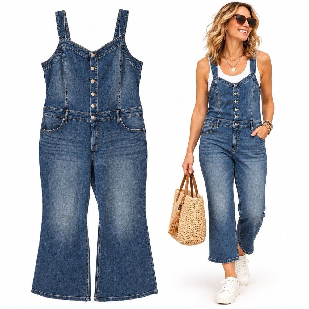 Jessica Simpson Denim Jumpsuit Womens 22W Blue Wide Leg Overalls Stretch Plus